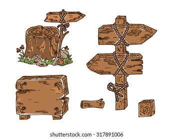 Vector Wooden signposts, arrows - hand drawn doodle set