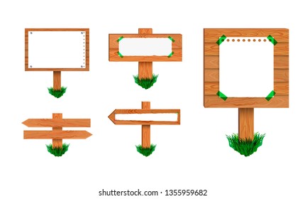 Vector Wooden Signposts Collection, Isolated on White Background Collection of Retro Signs with Green Grass.
