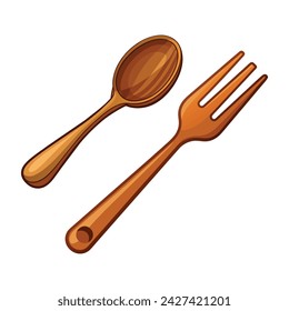 Vector of wooden spoon and fork on white.