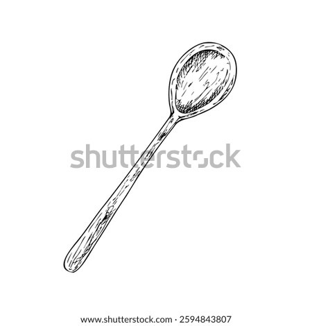 Vector wooden spoon. Graphic ink kitchen tool illustration for baking creations, isolated on background. Hand drawn line sketch. For designers, prints, logo, icon, menu, postcards, holiday, covers