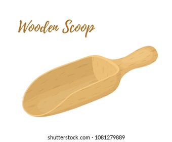 Vector wooden spoon, kitchen device - ladle, dipper from wood. Bailer for grains, salt, flour, seeds.