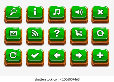 Vector Wooden square Green buttons with different menu elements for web or game design