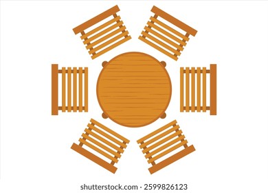 Vector wooden table and chairs top view. Illustration of home furniture made of wood