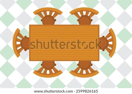 Vector wooden table and chairs top view. Illustration of home furniture made of wood