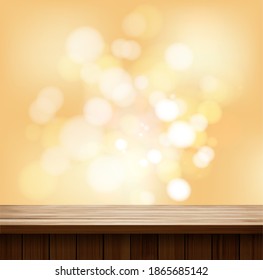 Vector wooden table top on golden bokeh abstract background design