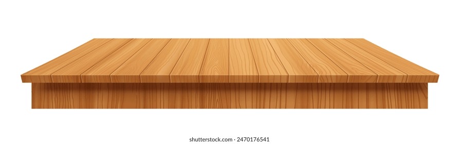 Vector mesa de madera sobre fondo blanco. mesa de madera de dibujos animados, 3d. Elemento para su diseño, publicidad.Ilustración vectorial.