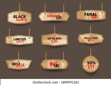 Vector wooden tag labels. Wood sign hanging from ropes