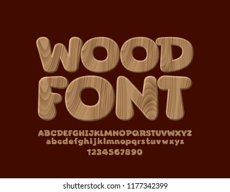 Vector Wooden textured Font. Set of Natural style Alphabet Letters, Numbers and Symbols