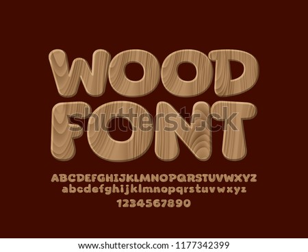 Vector Wooden textured Font. Set of Natural style Alphabet Letters, Numbers and Symbols