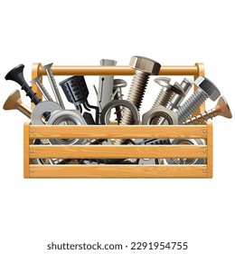 Vector Wooden Toolbox with Fasteners isolated on white background