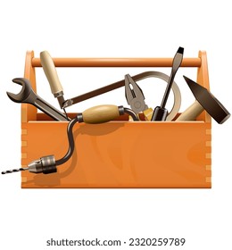 Vektorhölzerne Toolbox mit alten Retro-Tools einzeln auf weißem Hintergrund