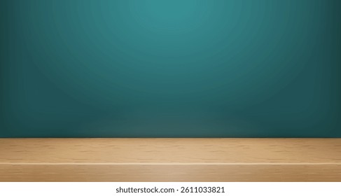 Vector Wooden Top Studio Room Scene Backdrop Mockup. Limbo Abstract 3d Product Presentation Background. Wall Shelf Minimalistic Promo Showcase Display Shelf Tabletop. Clear Podium Stage Template