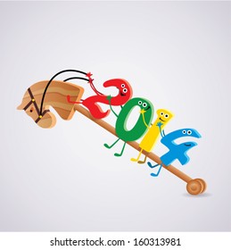 vector wooden toy horse with new year 2014 riding numbers