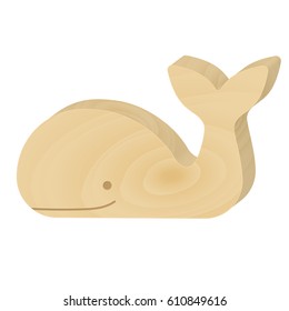 Vector wooden toy whale. Ecological figure of an animal for children. Cute fish made of wood with a smile