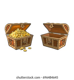 vector wooden treasure chest set. Isolated illustration on a white background. Opened, full of golden coins and opened empty box. Flat cartoon symbol of adventure, pirates, risk profit and wealth.