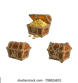 vector wooden treasure chest set. Isolated illustration on a white background. Opened, full of golden coins, closed and chained Flat cartoon symbol of adventure, pirates, risk profit and wealth.