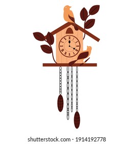 Reloj de cuco de pared de madera vectorial aislado sobre fondo blanco.