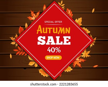 Vector wooden wallpaper with fallen autumn leaves with the inscription "Autumn sale". Wood texture for use in design. Place for your text