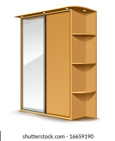 vector wooden wardrobe with mirror and shelfs isolated on white background
