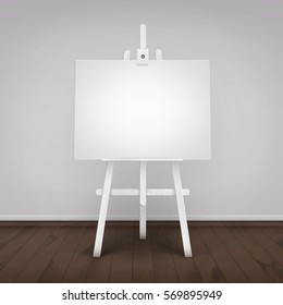 Vector Wooden White Easel with Mock Up Empty Blank Horizontal Canvas Standing on Brown Floor in Room