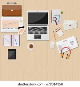Vector Wooden Working Table with Office Supplies Stuff and Digital Laptop Smartphone Computer Tablet Mouse Pencil Cup Coffee, Top View Workplace