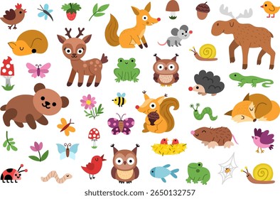 Vector woodland animal clipart set. Cute forest creature icons. Cartoon illustrations with birds, insects, fish, berry. Pack with bear, deer, fox, owl, frog, mole, hedgehog, butterfly, nest
