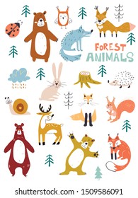 Vector woodland animals character, great for scrapbook,cute and sweet animals. Fall Floral Forest Design Elements.Children's illustration with hand drawn animals. Trendy scandinavian vector.