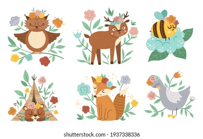 Vector woodland animals, insects and birds collection. Boho forest floral compositions. Bohemian fox, owl, bear, deer, goose with flowers on heads. Celestial clip art with cute characters for cards.
