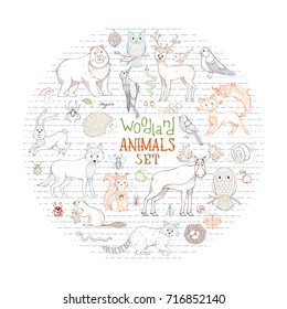Vector woodland animals set in a circle. Linear hedgehog, wolf, beaver, deer, fox, owl, hare, snail, squirrel. Zoo collection for children books, birthday invitations and posters.