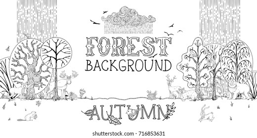 Vector woodland autumn background. Adorable woodland wild animals and birds between trees. Fox, deer, hare, squirrel, bear, racoon, hedgehog, owl, beaver. Autumn wet weather. Trees and falling leaves.