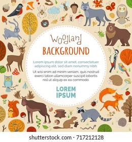 Vector woodland autumn background. Cute forest animals made in cartoon style. Elk, fox, wolf, owl, rabbit, bear, deer, squirrel, hedgehog, racoon and other mammals and birds. Autumn trees and bushes.