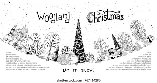 Vector woodland Christmas background. Black contours of forest animals in hats and scarfs. Santa Claus with big sack full of gifts. Cute fox, deer and others. Can be used to colouring book for adults.