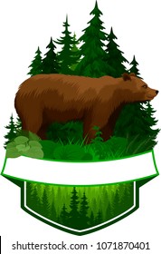 vector woodland emblem with brown grizzly bear