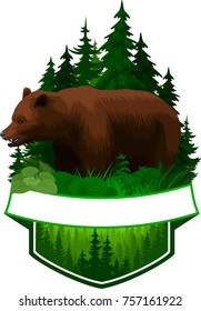 vector woodland emblem with brown grizzly bear