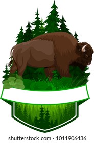 vector woodland emblem with brown zubr buffalo bison