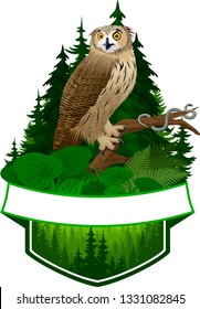 vector woodland emblem with eagle owl and Common garter snake