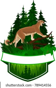 vector woodland emblem with puma cougar (Puma concolor) or mountain lion