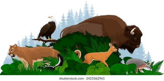 Ilustración forestal vectorial de bosques con bisonte, puma, ciervo, zorro y águila calva