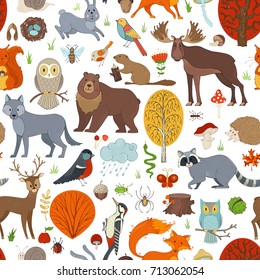 Vector woodland seamless pattern. Autumn trees, mushrooms and leaves. Wild animals, birds and insects. Fox, wolf, deer, moose, bear, hare, squirrel, racoon, hedgehog, owl, bee, beaver, snail and snake