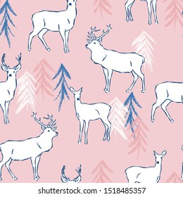 Vector woodland seamless pattern. Hand drawn illustration of forest animals with pine trees. Deer and stag design on pink background.