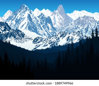 vector woodland winter alps mountains illustration Europe Switzerland