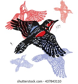 Vector woodpeckers in abstract composition. Lino cut woodpeckers in flight in different colors on white background