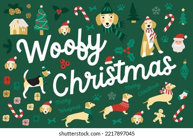 vector woofy cute winter Christmas dogs elements clip art images bundle illustrations dachshund beagle golden retriever labrador paws Santa Claus on green background