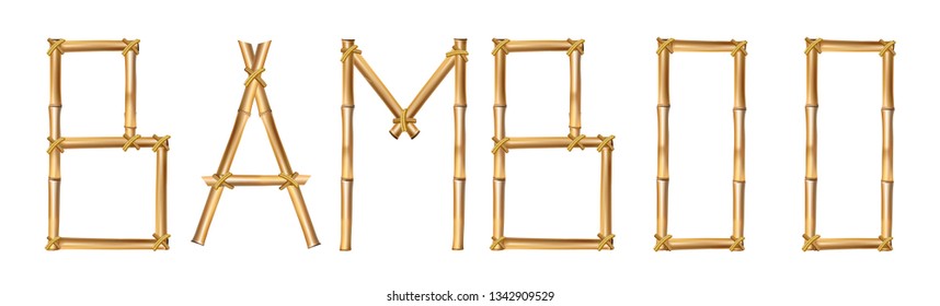 Vector word bamboo of capital letters made of realistic brown dry bamboo poles isolated on white background. Clip art.