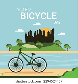 Vector word bicycle day vehicle in front of city buildings and river