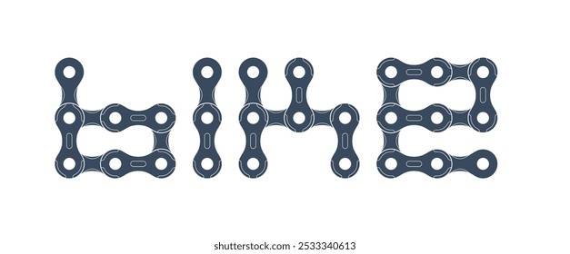 Vector word "BIKE" formed from individual links of a bike chain on a white background.