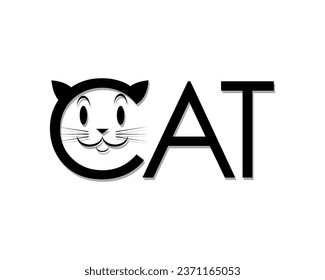 vector of the word CAT in black where the letter C has eyes and a nose and a mouth and a mustache that resembles a cat that appears to be smiling