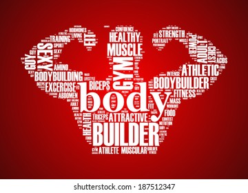 Vector word cloud concept of body builder fitness trainer on red background