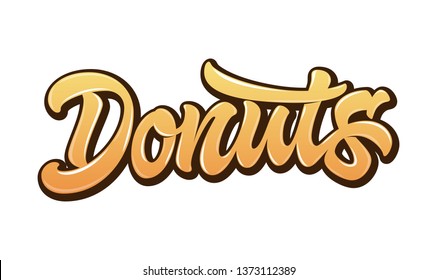 Vector word Donuts in bright gradient orange color with glare and outline isolated on white background. Concept for logo, card, typography, poster, print. 