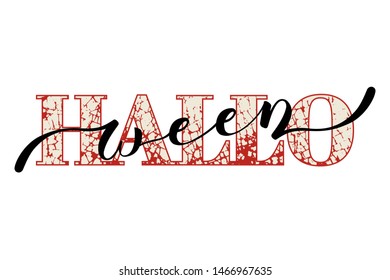 vector word Halloween divided into two parts: Hallo red with cream cracks and craquelures, and ween black in hand lettering style; design for Halloween holiday greeting card and invitation, flyers etc